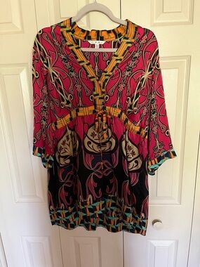 CAbi Hot Pink & Black Printed V-Neck Tunic with Multicolor Trim size large